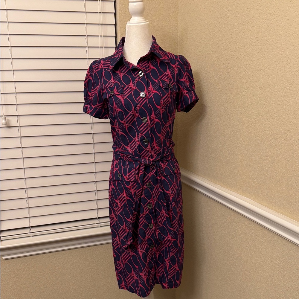 Diane von Furstenberg DVF Clio Shirt Dress Navy and Pink Chain Link Print Size 6